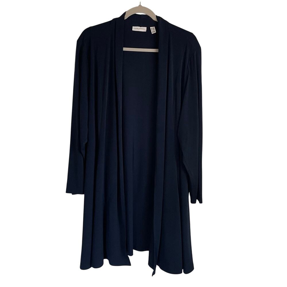 Susan Graver Liquid Knit Longline Cardigan Sz 2XP Pockets Open Front Navy Chic